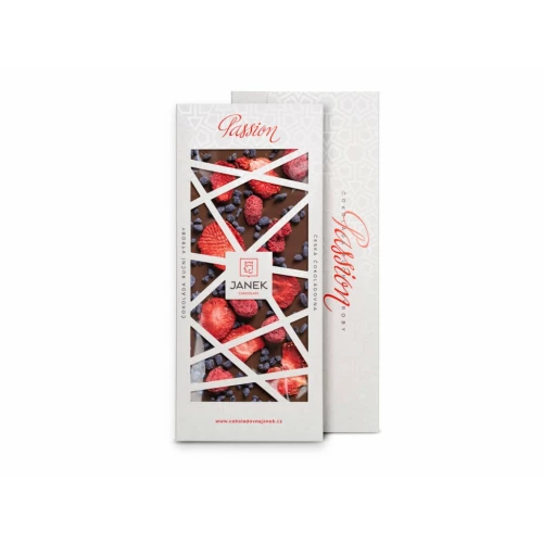 Mléčná čokoláda 41,3% s jahodami, malinami a fialkou